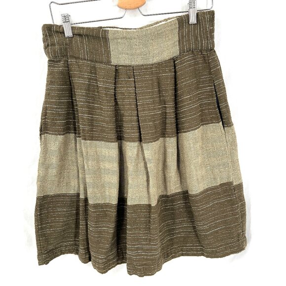 Ace & Jig woven midi skirt knee length pleated green tan stripes lined boho L - Picture 1 of 13